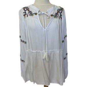 𝅺WHITE long sleeve Tunic Top SZ LG semi sheer Embroidery Deep V or tie neckline